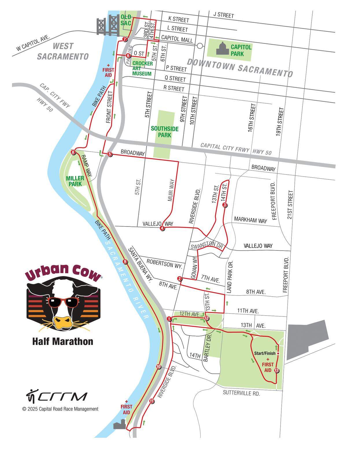A map shows the route of the Urban Cow Half Marathon set to be run Sunday through neighborhoods including old Sacramento and Land Park.