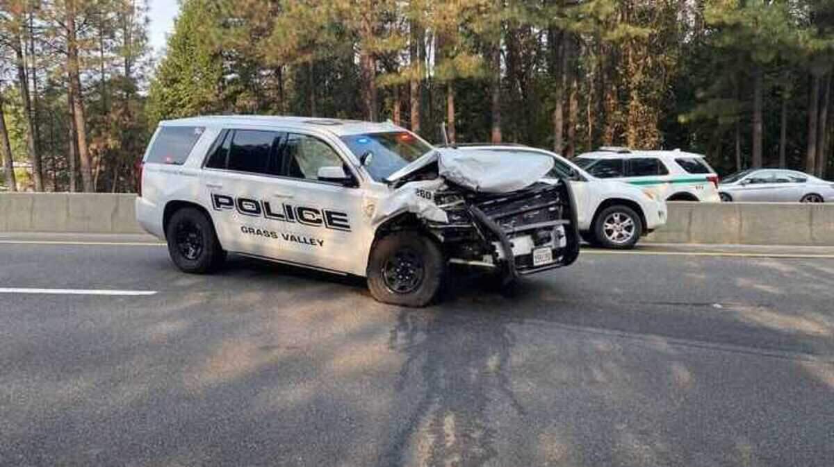 A Grass Valley police vehicle crashed head-on with a stolen pickup Thursday during a pursuit on Highway 49 in Grass Valley.