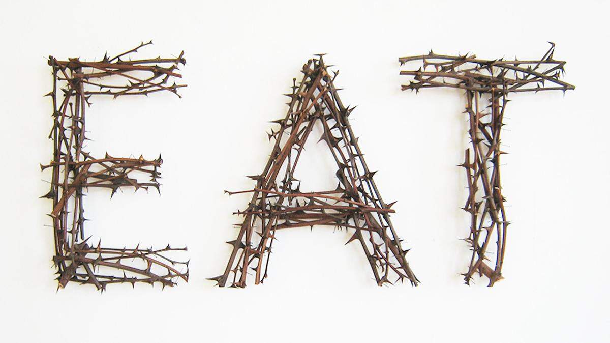 Gyongy Laky’s “It’s Complicated” is made of dark, spiky locust prunings and insect specimen pins.