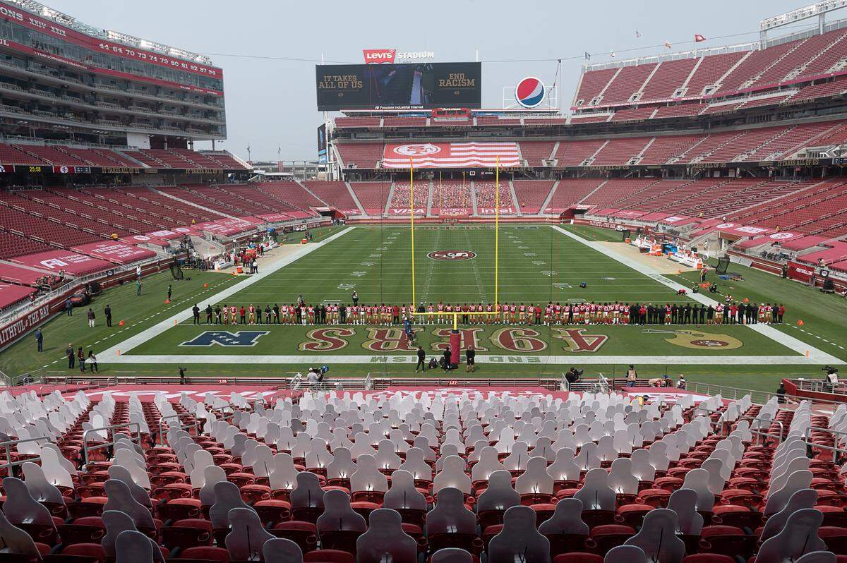 Cutout photos of fans are placed in attendance at the San Francisco 49ers before the start of the season opener NFL game at Levi’s Stadium on Sunday, Sept. 13, 2020, in Santa Clara.