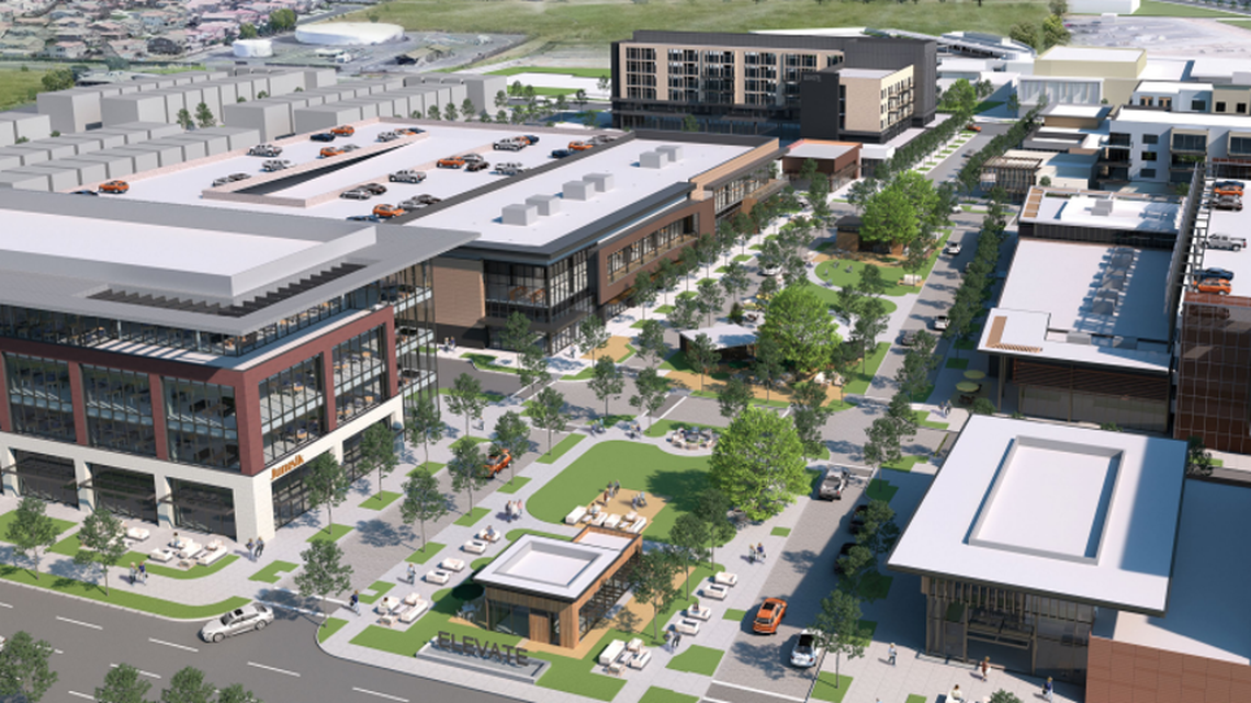 A conceptual rendering of Project Elevate as seen from Elk Grove Boulevard looking south towards District56.