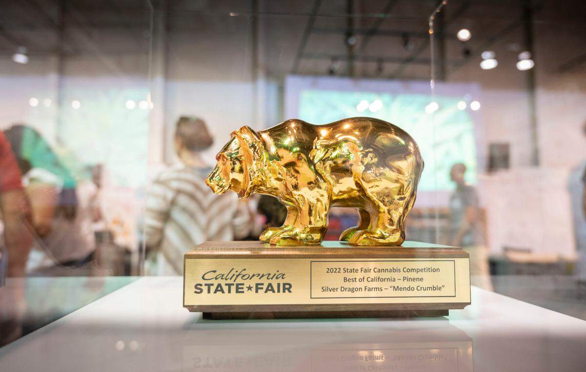 A Best of California award is displayed at the first Cannabis Awards exhibit at the California State Fair on Wednesday. Silver Dragon Cannabis of Redwood Valley won for its “Mendo Crumble.”