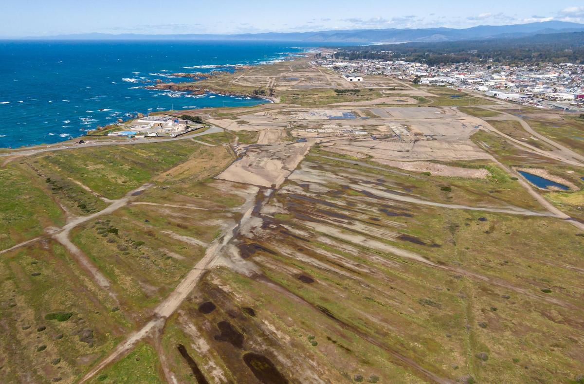 A drone image over Fort Bragg on April 16 shows parts of the California Coastal Trail and former Georgia-Pacific mill site land along the Pacific Ocean. Mendocino Railway, which owns and operates the iconic Skunk Train, acquired over 270 acres of the former Georgia-Pacific land in November 2021.