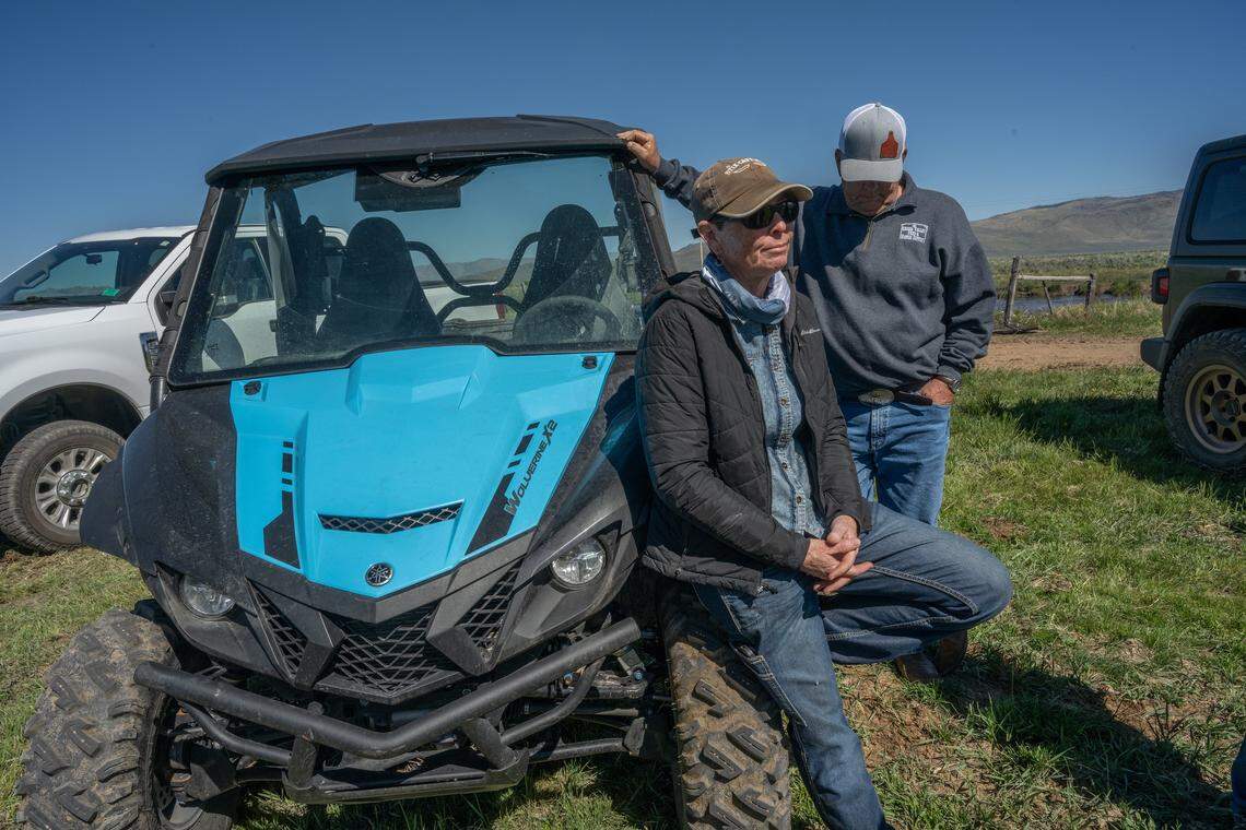 Deena Edmonston waits with rancher Rick Roberti for Fish and Wildlife to arrive at DS Ranches in Sierra Valley in May to inspect a calf killed by a wolf days before. She, her brother, and their staff have been watching over the cows day and night, she said. At night, a ranch hand guard the calves with a searchlight. “It feels hopeless because you can’t see, you know? You know they can see you, but you can’t see them.” She said they aren’t notified about wolf activity in real time. “We were told at 7 a.m. that there was a wolf in the area at 11 p.m.”
