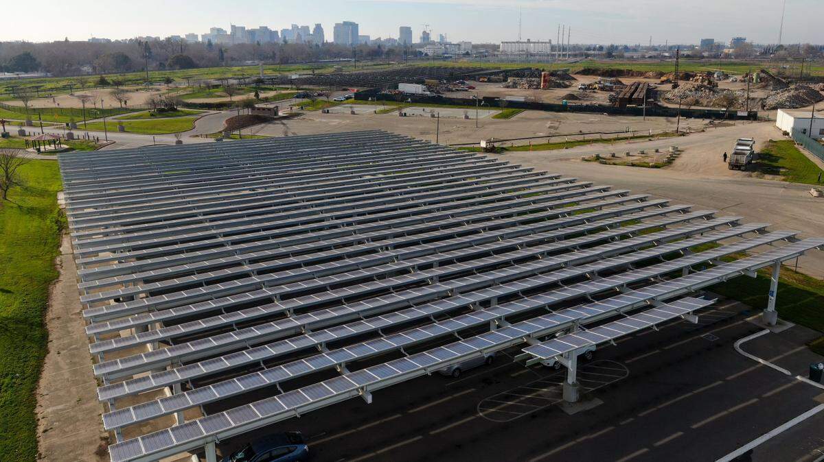 Sacramento City Councilwoman Katie Valenzuela is exploring the possibility of using a solar panel-covered parking lot, seen Friday, Jan. 28, 2022, at Sutters Landing Park as a safe parking site for homeless individuals living in vehicles.