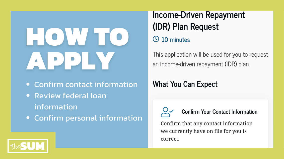How to apply- Confirm contact information- Review federal loan information- Confirm personal informationIncome-driven repayment (IDR) Plan Request10 minutesThis application will be used for you to request an income-driven repayment (IDR) plan.What you can expectConfirm your contact informationConfirm that any contact information we currently have on file for you is correct.