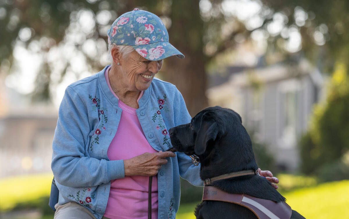 Jackie Young of Roseville pets her guide dog “Lopart” while on a walk on Dec. 1. Jackie, who is losing her sight and turned to the Society for the Blind in Sacramento and its Senior IMPACT Project to learn to live independently. 