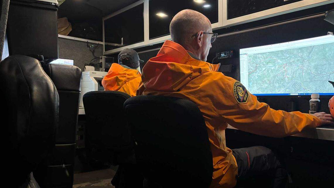 Nevada County Sheriff's Office personnel work from a mobile command center at the site of an avalanche near Truckee as teams worked Tuesday, Feb. 17, 2026, to rescue people from the slide at happened near Castle Peak. Late Tuesday, authorities said six people had been plucked from the snow, two of which were hospitalized. Nine people remain unaccounted for.