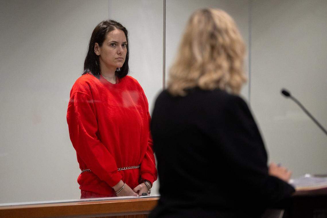 Samantha Maria Scott is arraigned at the Placer Superior Court in Roseville on Monday, Nov. 6, 2023, on charges of murder, attempted murder and other charges in the case of fatal shooting of Robert Gary Spohr and the attempted homicide of his wife, Wendy Wood, at their Lake Tahoe home. Former major league baseball player Daniel Serafini, the couple’s son in law, was charged in the case last week.