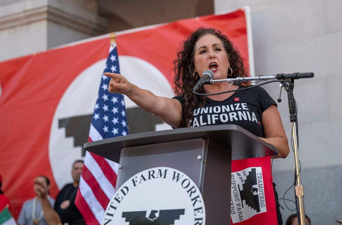California Labor Federation President Lorena Gonzalez, a former Assemblywoman, speaks at a United Farm Workers rally at the Capitol in Sacramento in August 2022. Gonzalez and the Labor Federation are supporters of the construction trades unions, which want to see housing bills contain requirements to hire skilled and trained workers.