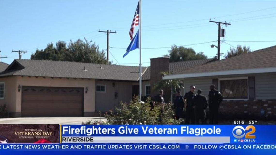 Vincent Scarano, a 99-year-old retired Air Force colonel, received a new flagpole at his California home courtesy of Riverside firefighters for Veterans Day.