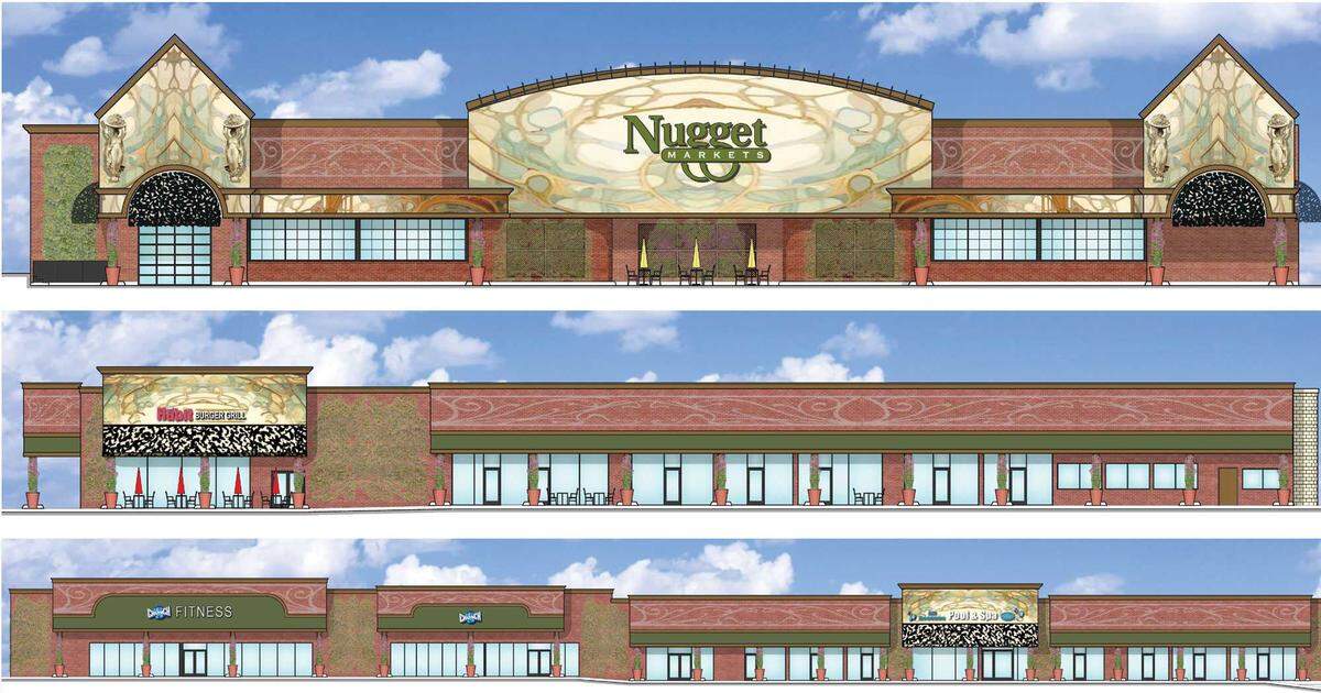 Conceptual renderings of Nugget Markets’ planned store for Douglas and Sierra College boulevards in Granite Bay. The Davis-based specialty grocer says it will be part of a remodeling of the entire Sierra Oaks Plaza shopping center.