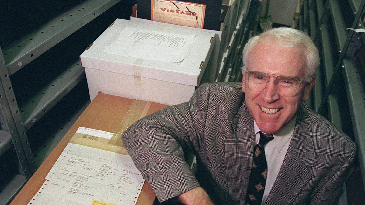 Former U.S. Congressman Vic Fazio stands inside Shields Library in 1999 with boxes of his legal papers which he donated to UC Davis. Fazio represented the 3rd Congressional District for more than 20 years, spanning four presidencies.