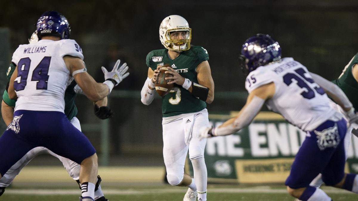 Sacramento State quarterback Kevin Thomson looks downfield during the game against Weber State at Hornet Stadium on Saturday, Nov. 2, 2019. Thomson was injured later in the game.