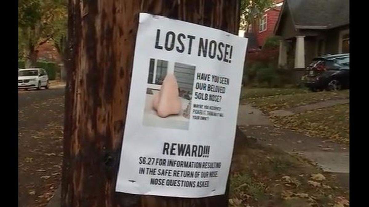 Someone stole a 50-pound nose sculpture off a Portland, Oregon, family’s porch. The kids are offering a $6.27 reward for the return of the 2-foot-tall nose, originally found discarded as junk.