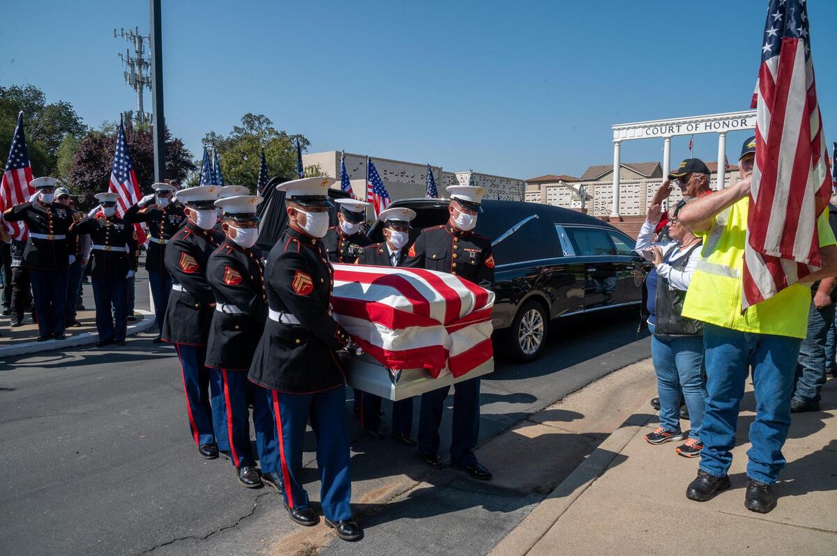 14. Marine Sgt. Nicole Gee’s casket arrives at Mount Vernon Memorial Park and Mortuary in Fair Oaks after a procession from Sacramento International Airport on Thursday, Sept. 16, 2021. Gee lost her life, along with 12 other U.S. service members, in the bombing attack at the Kabul airport on Aug. 26.