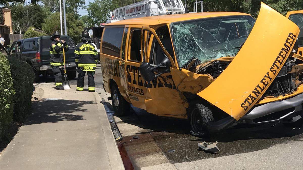 A Stanley Steemer van was involved in a head-on collision about noon Friday on Marysville Boulevard at Wind Creek Drive. No one was hurt, but hazmat crews had to clean up toxic spilled fluids.