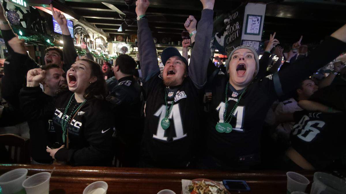 Eagles fans react during the first half of Super Bowl 52 between the Philadelphia Eagles and the New England Patriots, Sunday, Feb. 4, 2018, in Philadelphia.