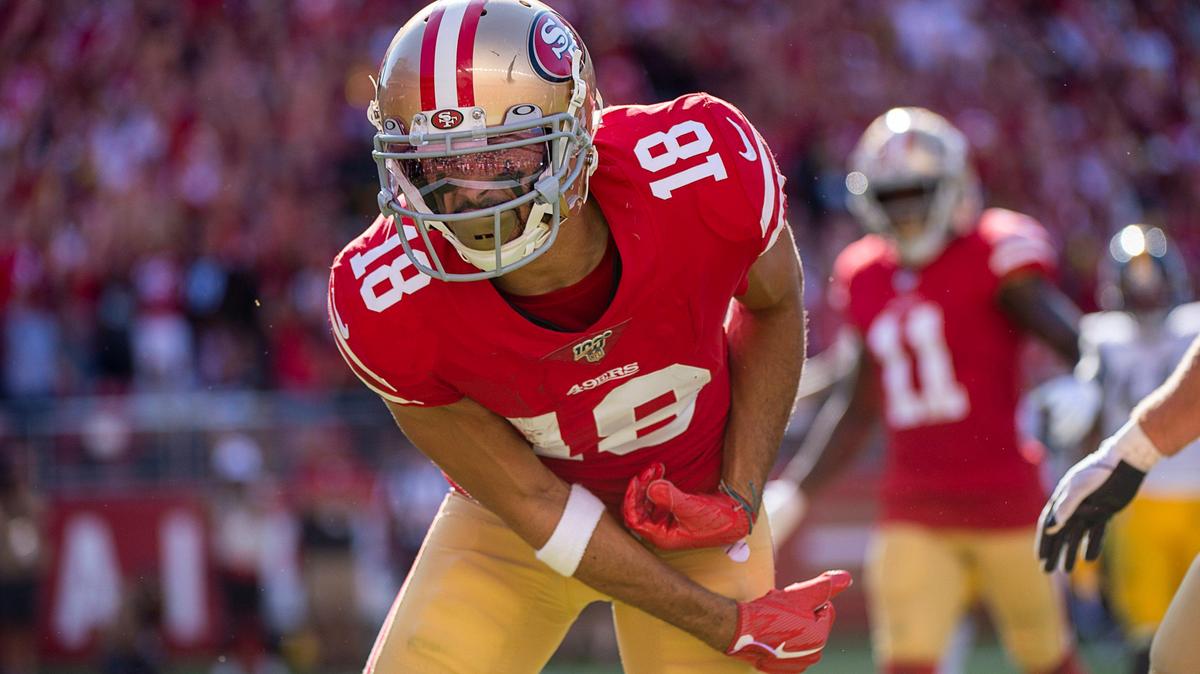 San Francisco 49ers wide receiver Dante Pettis (18) reacts after he scores the winning touchdown in the fourth quarter during a game at Levi’s Stadium on Sunday, Sept. 22, 2019 in Santa Clara.