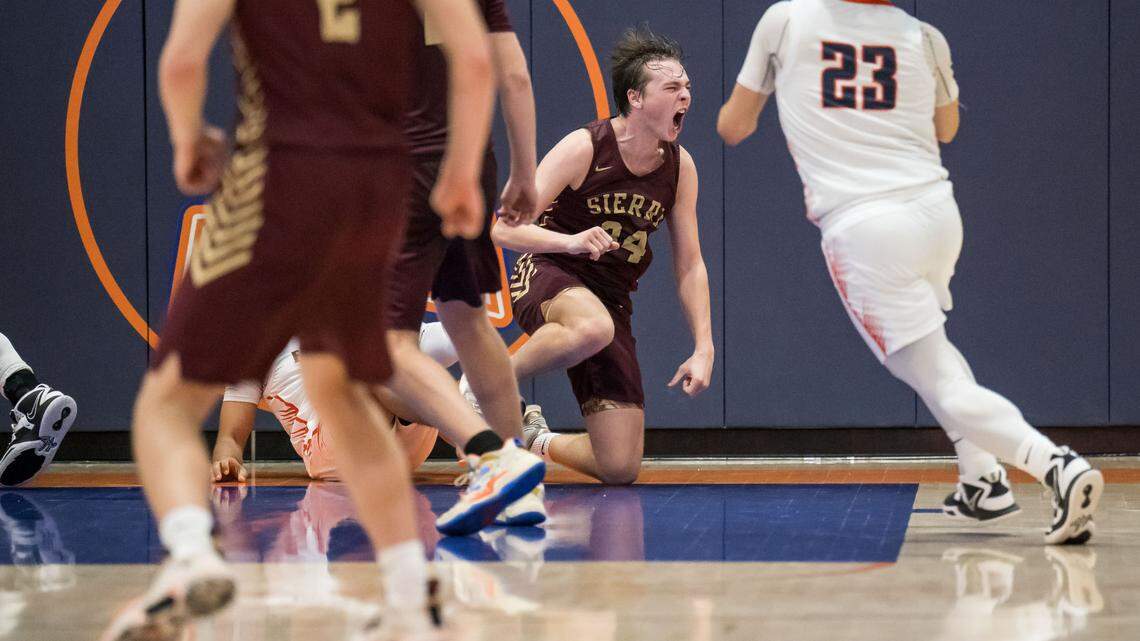 Sierra Chieftains guard Logan Kilbert (34) yells out after scoring the game-winning basket in the final seconds against the Fortune Panthers at the CIF NorCal Division V high school boys basketball playoff game Thursday, March 2, 2023, at Fortune High School in Elk Grove.
