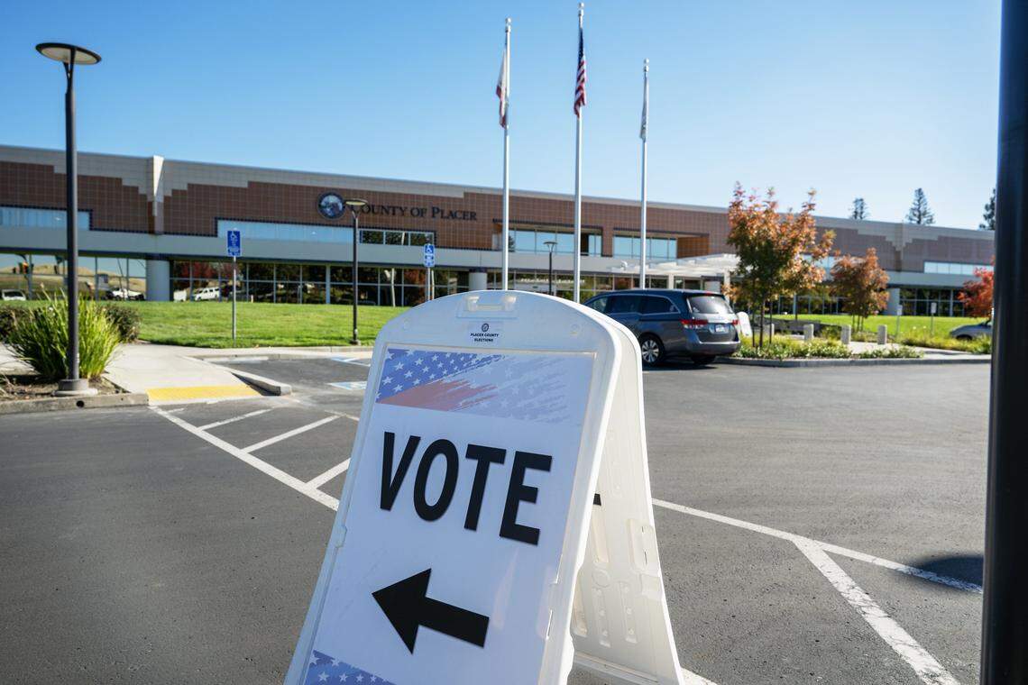 A "vote" sign stands outside the vote center at the Placer County Clerk-Recorder-Elections Office in Rocklin on Tuesday, Oct. 28, 2025.