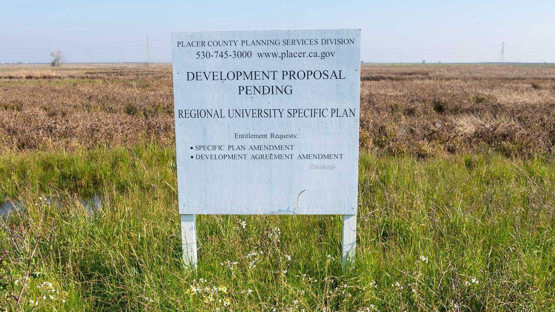A sign marks the site of Hillsdale College on Thursday, Jan. 20, 2022 in Placer County. Hillsdale is on track to fulfill Tsakopoulos family’s vision of academia in the Placer suburbs. The private college paid $5.8 million to acquire 1,100 acres of farmland owned by the University Development Foundation, a nonprofit established by Tsakopoulos family.
