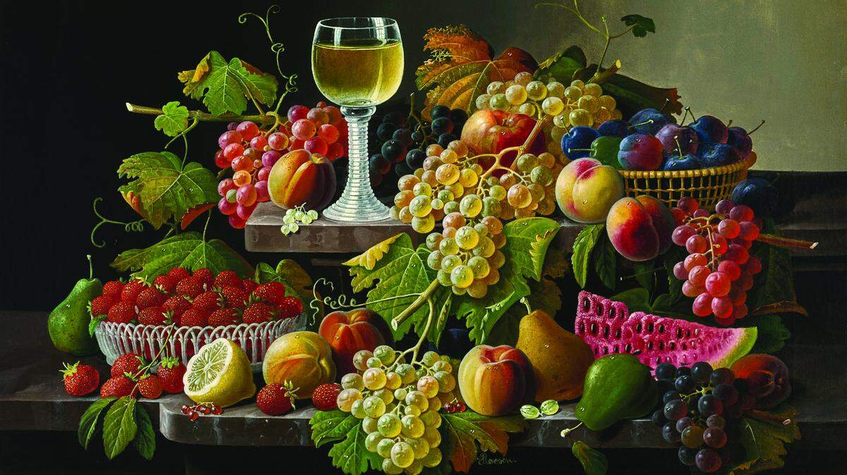 Severin Roesen’s “Still Life with Fruit and Wine.”