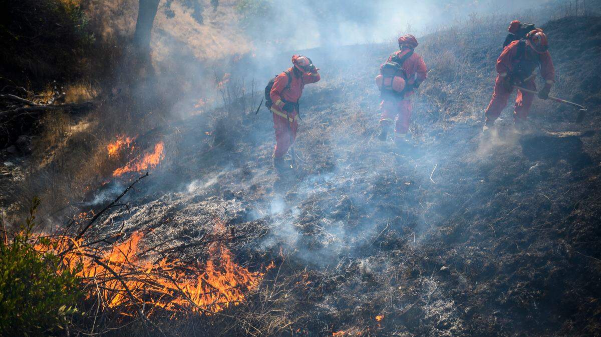 An inmate hand crew works the fire line while fighting the Kincade Fire in Sonoma County near Geyserville on Thursday, Oct 24, 2019.