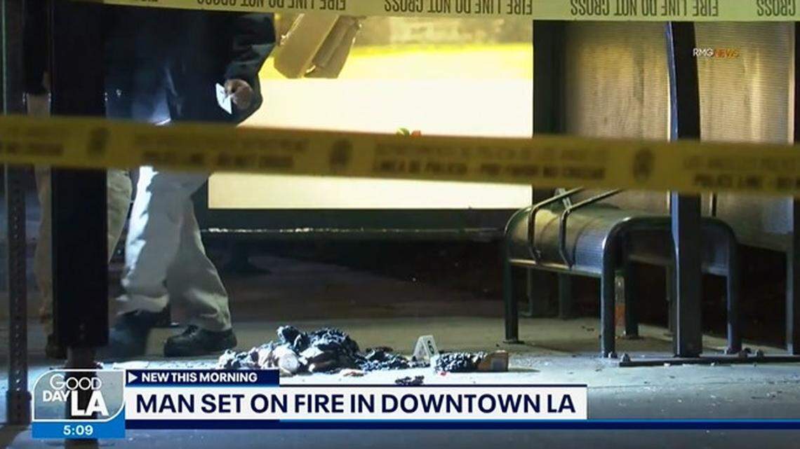 A woman set a man on fire at a downtown Los Angeles bus stop in the early morning hours of Tuesday, May 3, police said.
