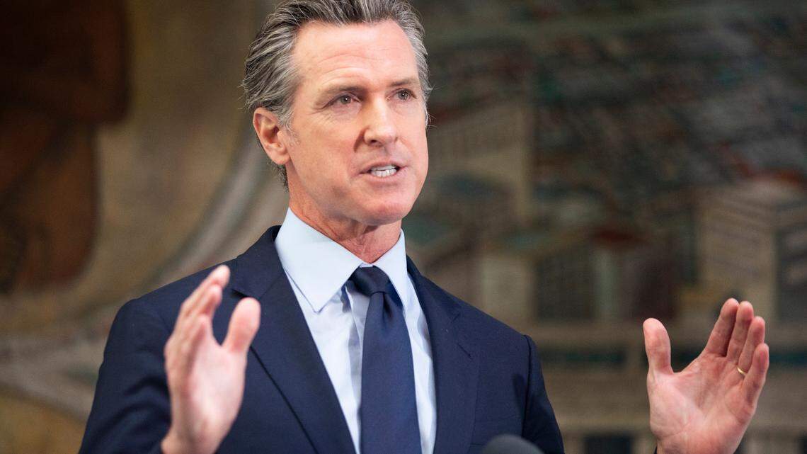 Gov. Gavin Newsom speaks during a news conference held at Unity Council career center in the Fruitvale neighborhood of Oakland, Calif., on Monday, May 10, 2021. (Jessica Christian/San Francisco Chronicle via AP)