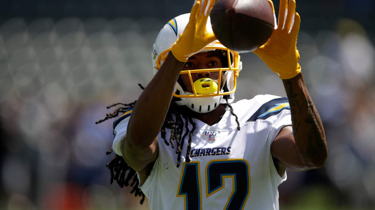 Los Angeles Chargers wide receiver Travis Benjamin warms up before against the Indianapolis Colts an NFL football game Sunday, Sept. 8, 2019, in Carson, Calif. (AP Photo/Marcio Jose Sanchez)