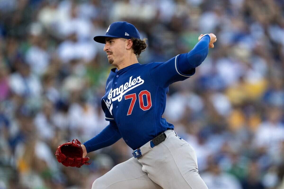 Los Angeles Dodgers starting pitcher Justin Wrobleski pitches in the first inning against the Athletics at Sutter Health Park on Tuesday in West Sacramento.