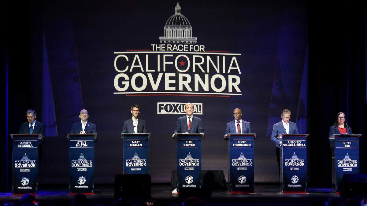Gubernatorial candidates, from left, Xavier Becerra, Steve Hilton, Matt Mahan, Tom Steyer, Tony Thurmond, Antonio Villaraigosa and Betty Yee participate in a debate in San Francisco last month. Candidates in the race are generally pushing to build more homes and do so faster. 