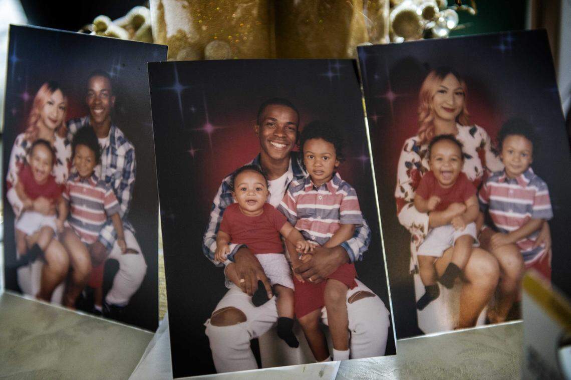 Pictures showing Stephon Clark and his wife Salena Manni, and sons Aiden Clark, 3, and Cairo Clark, 1, rested on a table inside his grandmother Sequita Thompson’s home in Sacramento in 2018.