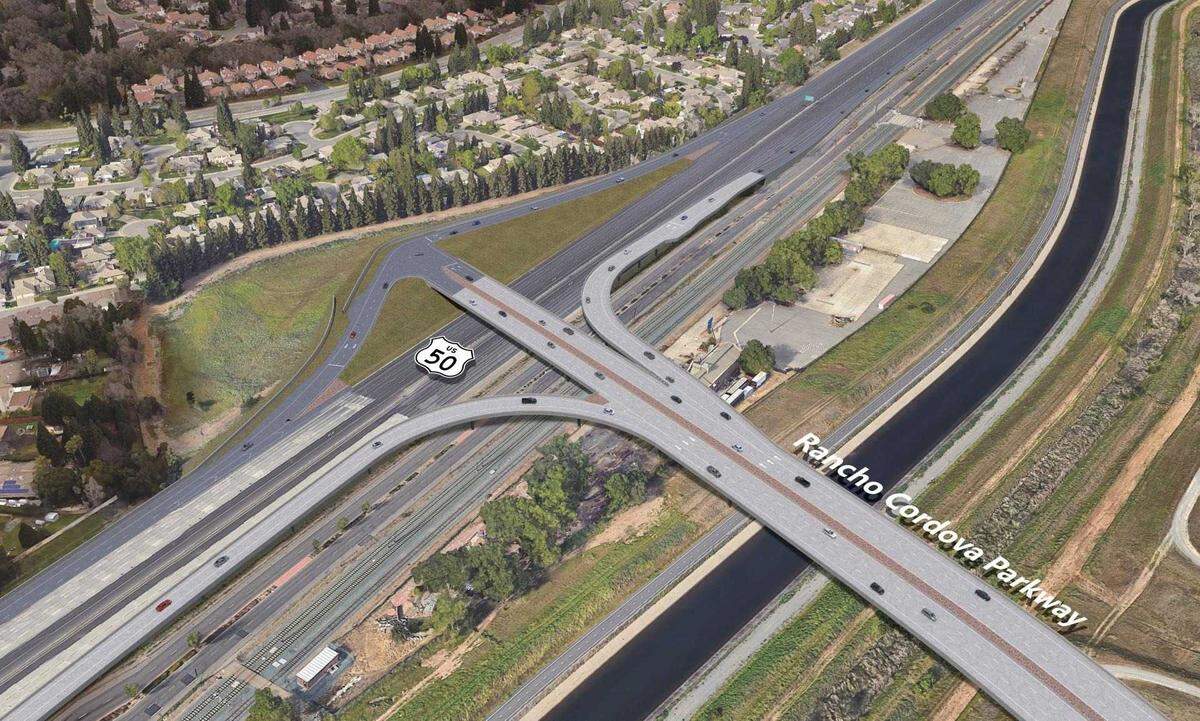 A rendering shows the proposed Highway 50 interchange in Rancho Cordova, south of the freeway, as part of a decade-old infrastructure plan. Rancho Cordova’s City Council voted last month to advance the $182 million project, intended to reduce traffic on Hazel Avenue and Sunrise Boulevard.