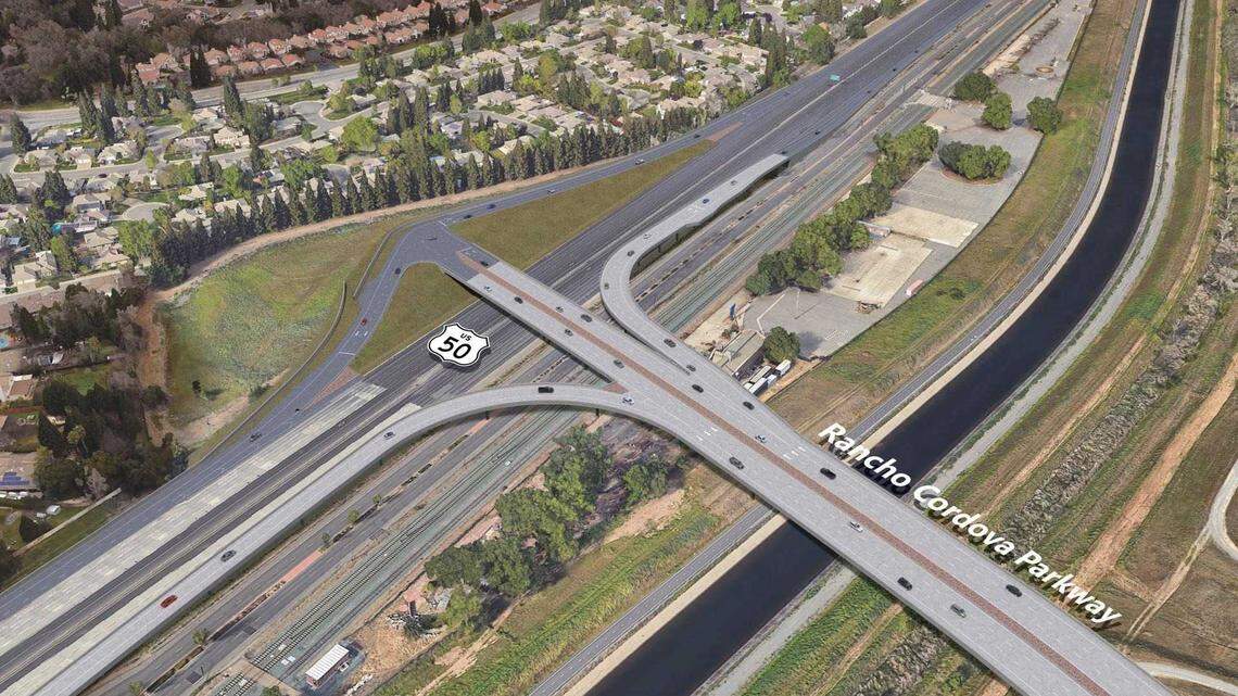 A rendering shows the proposed Highway 50 interchange in Rancho Cordova, south of the freeway, as part of a decade-old infrastructure plan. Rancho Cordova’s City Council voted last month to advance the $182 million project, intended to reduce traffic on Hazel Avenue and Sunrise Boulevard.