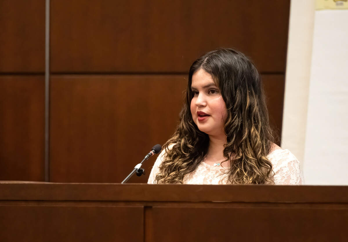 Caley Gallardo, Carlos Reales Dominguez’s former girlfriend, testifies in Yolo Superior Court in Woodland on Monday. Dominguez is accused of murdering two and injuring a third in a series of knife attacks in Davis.