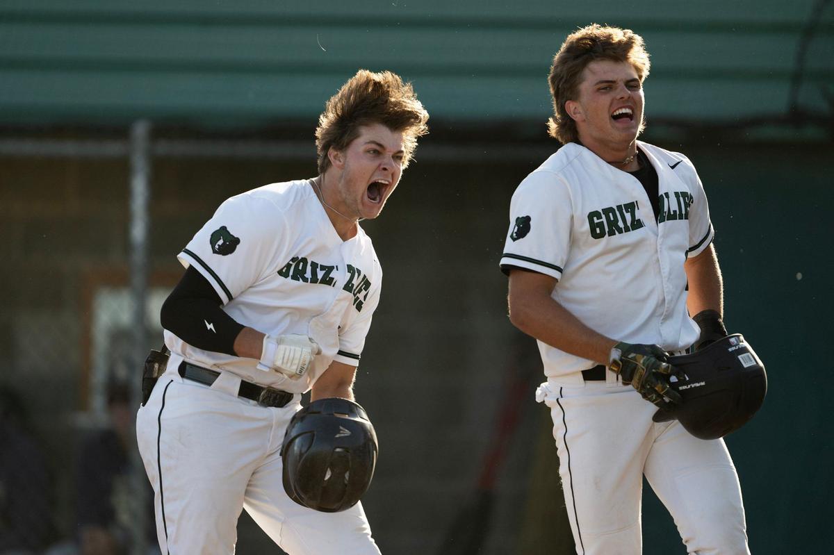 Granite Bay’s Chase Bentley, left, and Conner Culbertson celebrate following Bentley’s two-run homer in Granite Bay’s 4-3 victory over Elk Grove in the 2024 CIF Sac-Joaquin Section Division lI baseball section championship game.