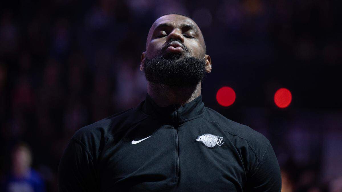 Los Angeles Lakers forward LeBron James, seen during the playing of the national anthem in a December 2024 game at Golden 1 Center, came to the Sacramento venue Friday for son Bryce James’ CIF State final game. Bryce James plays for Sierra Canyon, which faced Lincoln of Stockton for the Division I title.