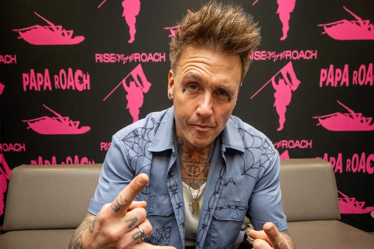 Jacoby Shaddix, lead singer of Papa Roach, prepares backstage for the band’s homecoming show at at Golden 1 Center on Saturday, March 28, 2025.