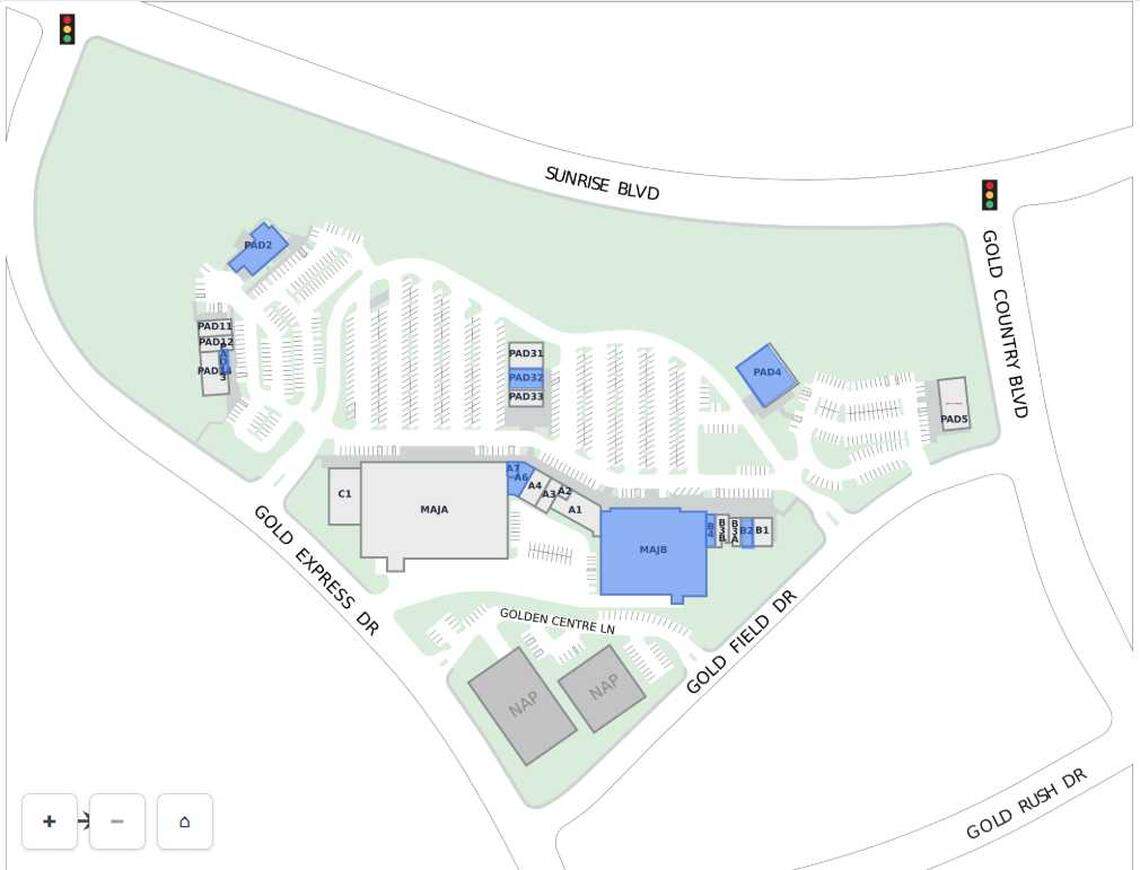 First Washington Realty's map of the Gold River Town Centre shows its vacancies as of Tuesday, April 21, 2026. Properties in blue, as well as the property labeled B1, are vacant.