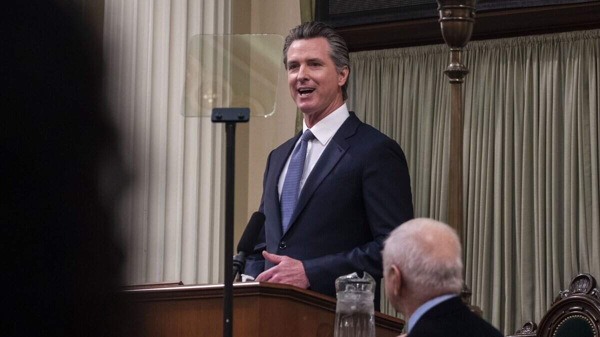 California Gov. Gavin Newsom delivers his State of the State address at the California State legislature at the Capitol in Sacramento on Wednesday, Feb. 19, 2020.