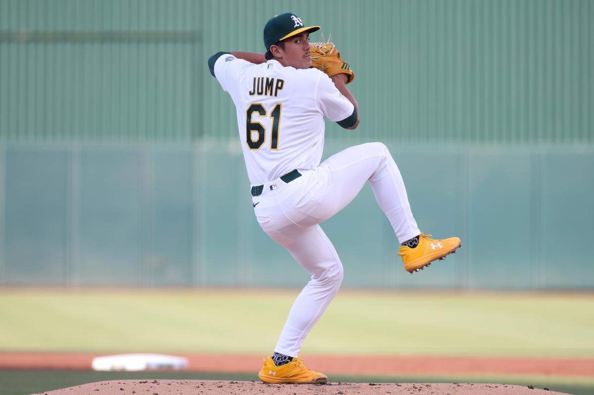 Gage Jump of the Athletics pitches during the second inning of his MLB debut Tuesday against the Seattle Mariners at Sutter Health Park in West Sacramento.