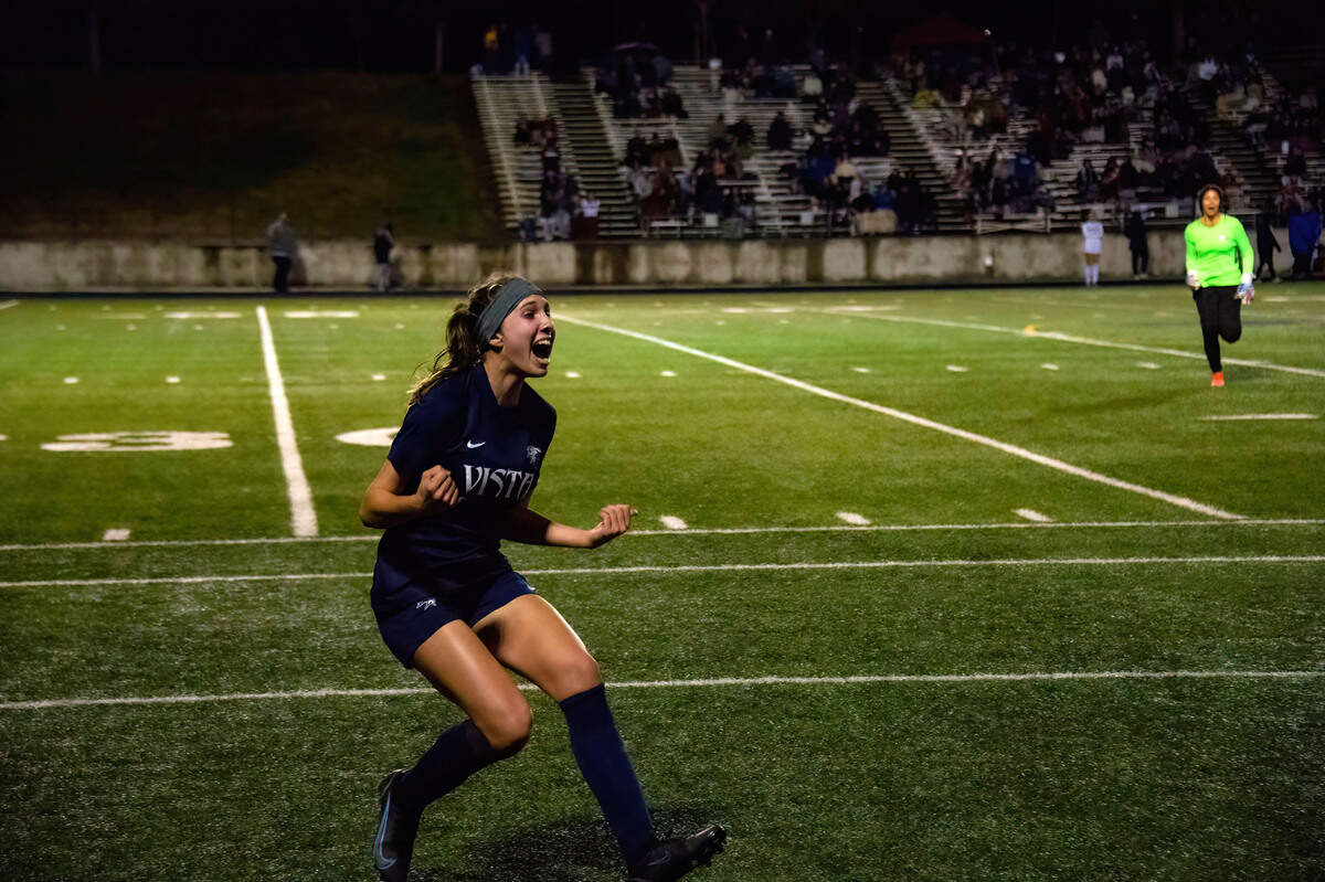 Vista Del Lago midfielder Alex Klos celebrates a game-tying goal off of a free kick in the final minutes of regulation play during the CIF Sac-Joaquin Division III girls soccer championship Tuesday against Christian Brothers at Cosumnes River College in Sacramento. The Eagles won 8-7 on penalty kicks.