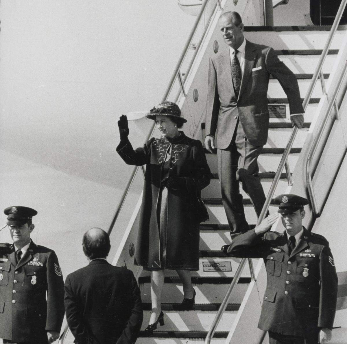 Queen Elizabeth II and Prince Philip arrive at Sacramento Metropolitan Airport on Air Force II on March 4, 1983.