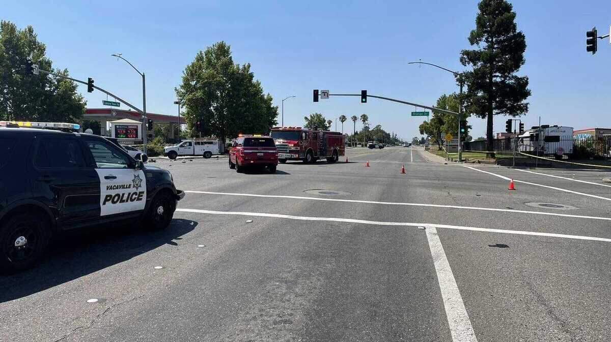 A Vacaville police officer on a motorcycle remains hospitalized after a major traffic collision occurred near Leisure Town Road and Orange Drive in Vacaville on Thursday morning.