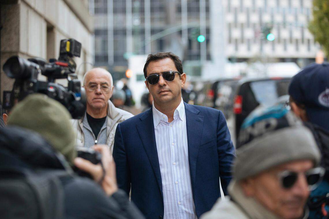 Andrey Kukushkin leaves federal court, Thursday, Oct. 17, 2019, in New York. Kukushkin and David Correia pleaded not guilty Thursday to conspiring with associates of Rudy Giuliani to make illegal campaign contributions. They are among four men charged with using straw donors to make illegal contributions to politicians they thought could help their political and business interests. (AP Photo/Kevin Hagen)