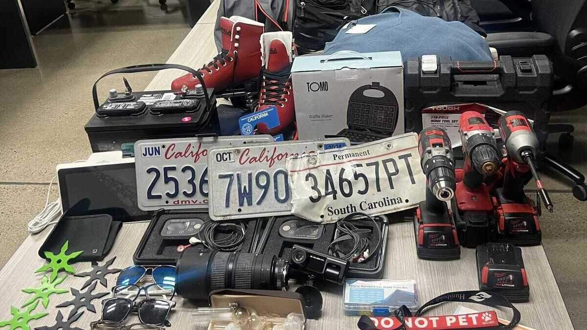 Stolen items and tools recovered are show by Folsom police after they arrested two men Monday in connection with a series of weekend vehicle burglaries. Both men were booked and released by county jail officials.