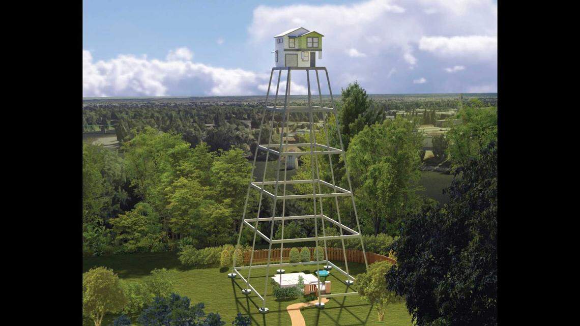 A rendering shows a proposed art sculpture in West Sacramento, near Third and B streets. The city scrapped plans for the art in June after the cost to remove lead-based paint on the preexisting tower.