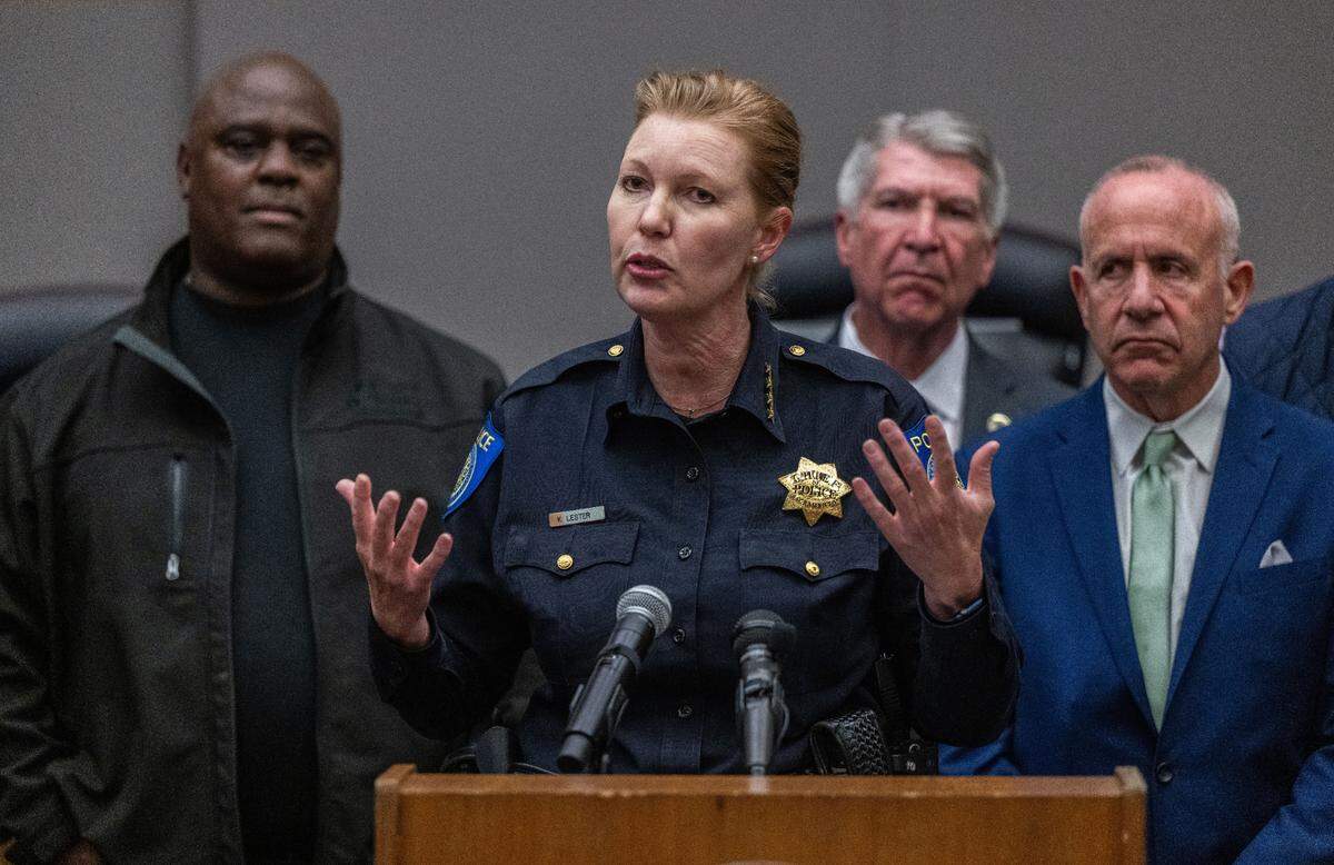 Sacramento Police Chief Kathy Lester talks Wednesday, Oct. 25, 2023, about a recent crime report that shows a year-to-date reduction in violent crime – including homicide, rape, robbery and aggravated assault – compared to 2022.